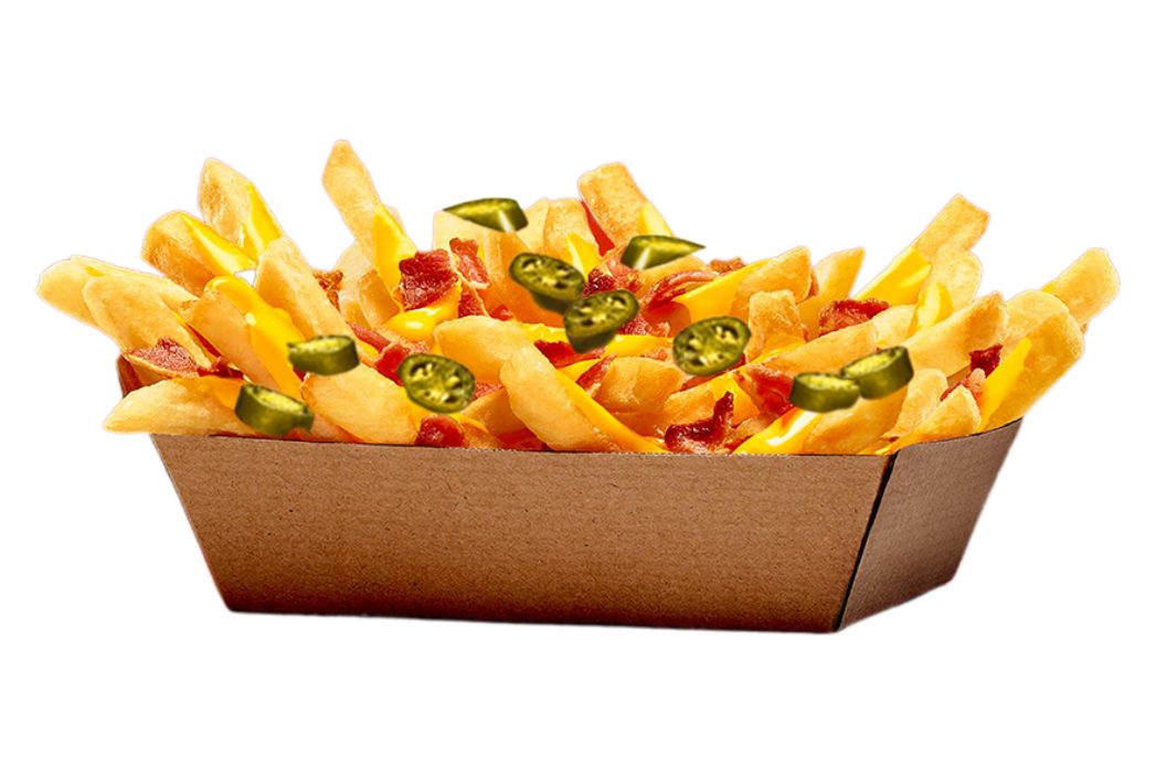 Frites avec sauce cheddar bacon et piment jalapenos
