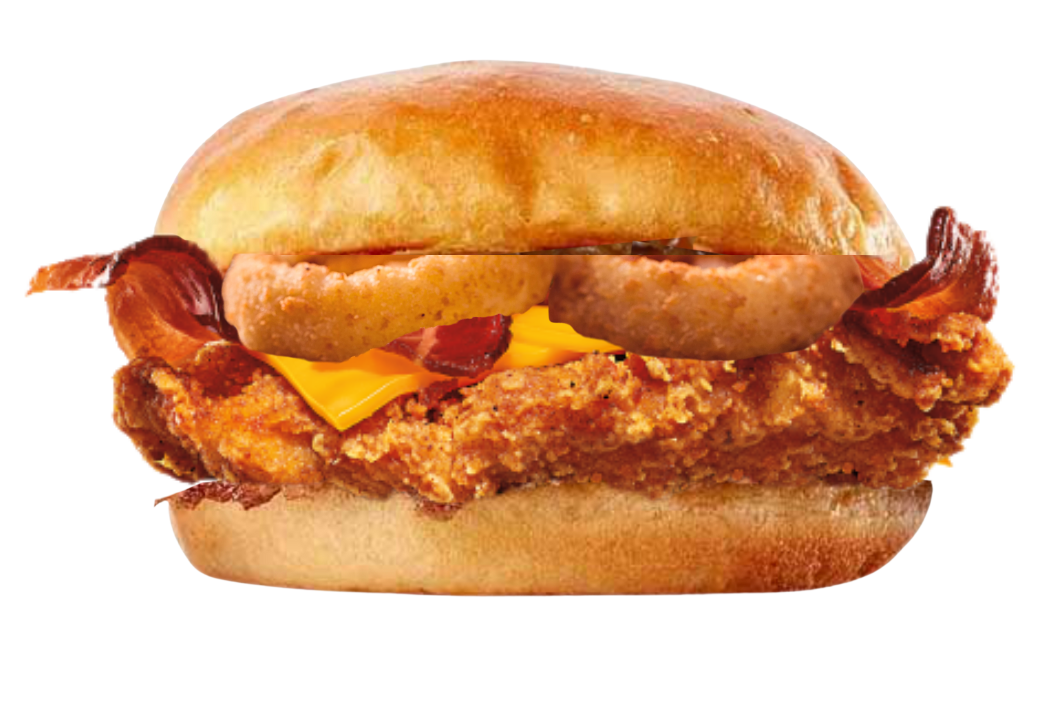 burger avec poulet frit maison et oignons rings